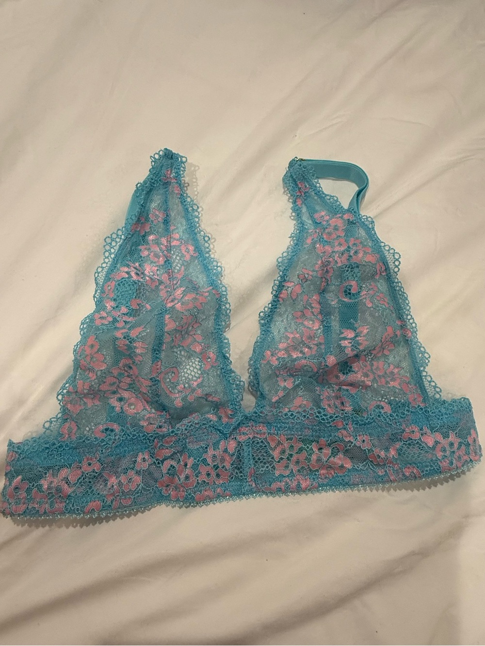 Honeydew Intimates Teal Lace Bralette with Pink Floral Detail S